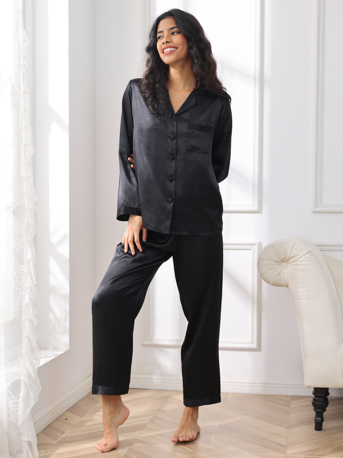 LuxeSilk - Damen 100% Maulbeerseide Pyjama-Set mit langen Ärmeln