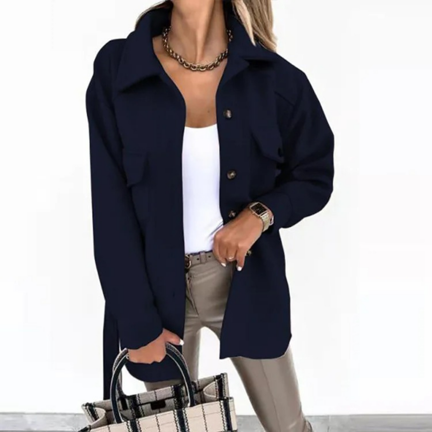 Nomani - Blaue Umschlagkragen mit Knopf Fleece Lange Sommerjacke