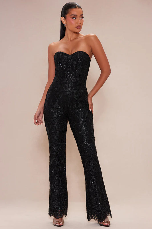 Esther Pailletten Bestickter Jumpsuit - Schwarz