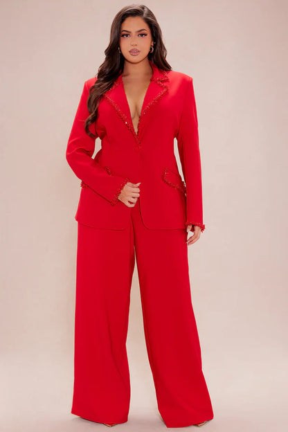 Sweetest Touch Beaded Trim Anzug Set - Rote Blazer und Weite Hose mit Paillettenverzierung