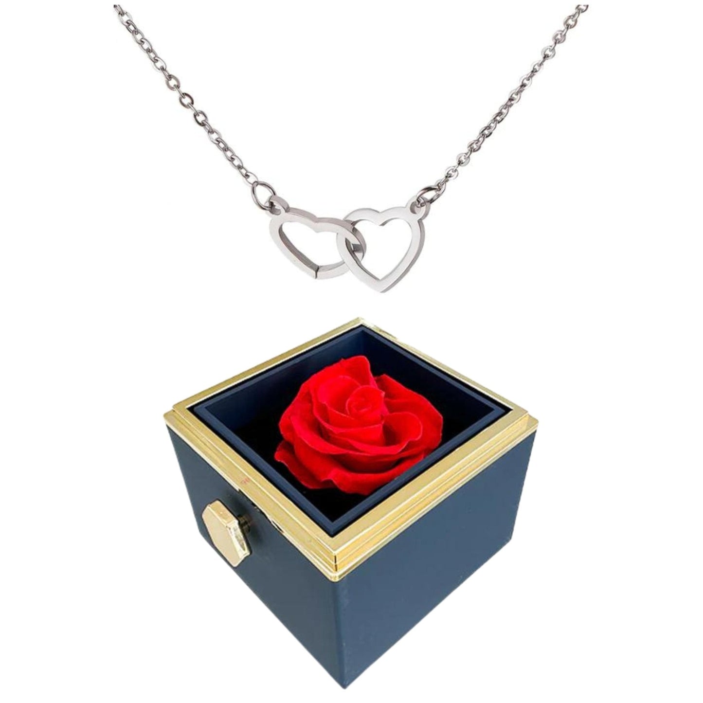 Caja de rosas giratoria eternamente preservada - Con collar de corazón grabado