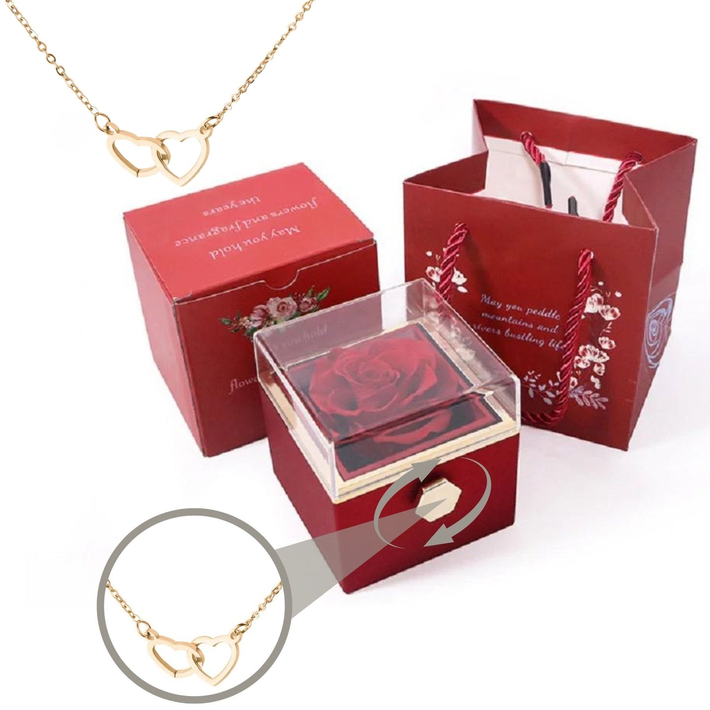 Eternally Preserved Rotating Rose Box - W/ Engraved Heart Necklace