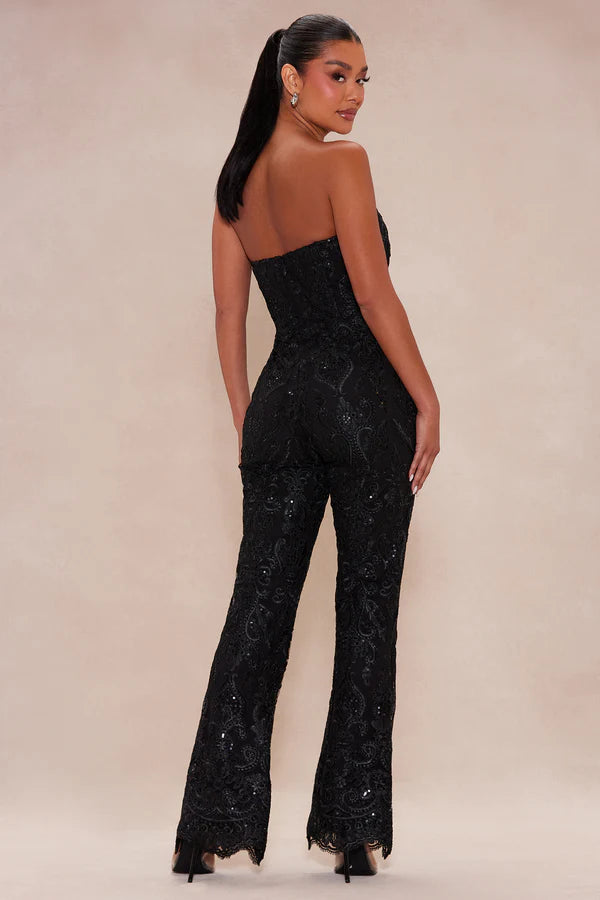 Esther Pailletten Bestickter Jumpsuit - Schwarz