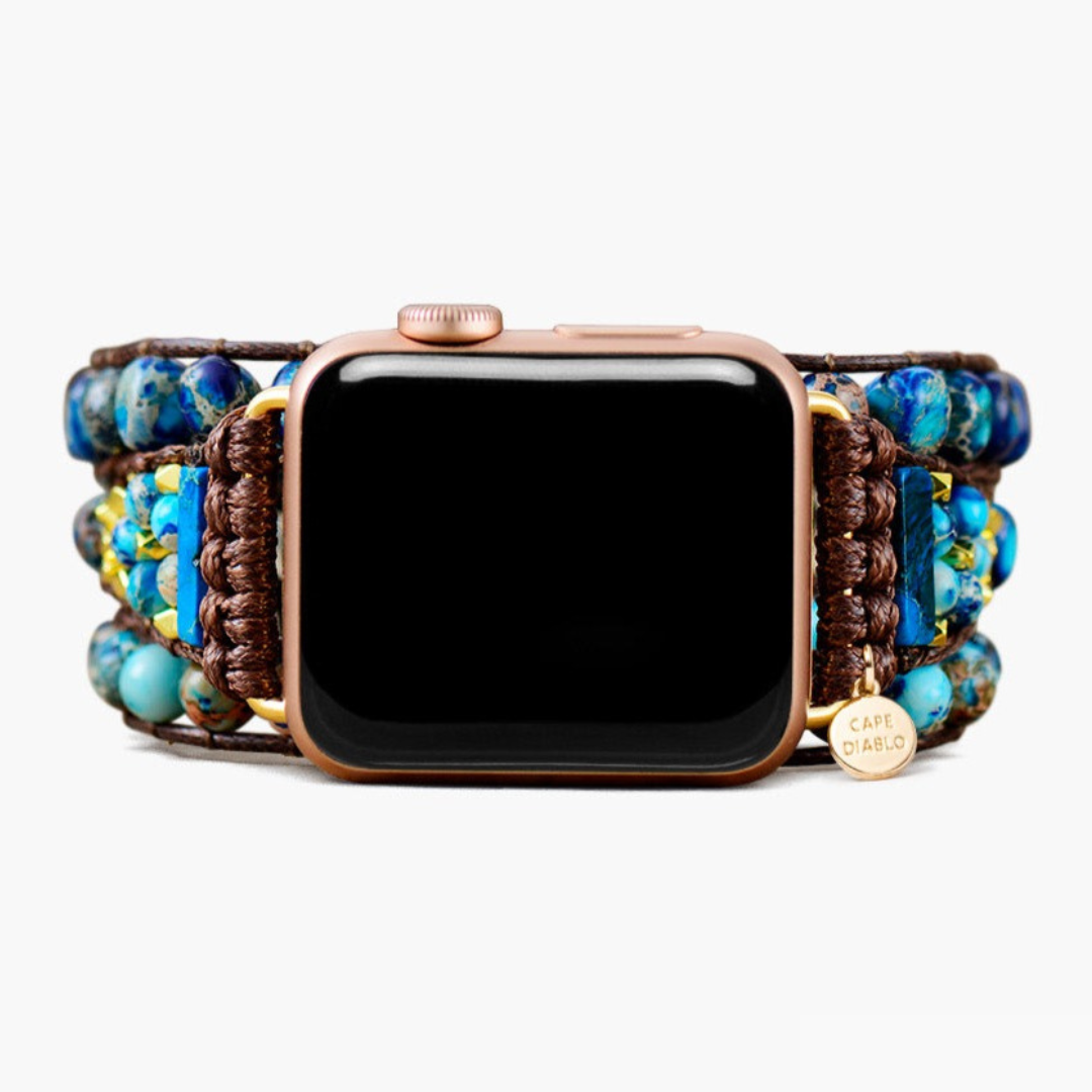 Apple Watch Armband, Blauer Jaspis, Anmutiges Design, Schmuck für die Apple Watch, Elegantes Accessoire, Freundin Geschenk, Edles Handwerk, Exklusives Armband, Stilvolles Schmuckstück, Einzigartiges Geschenk, Luxuriöses Apple Watch Zubehör, Damen Uhrenarmband, Naturstein-Akzent, Handgefertigte Qualität, Farbenfrohes Design.